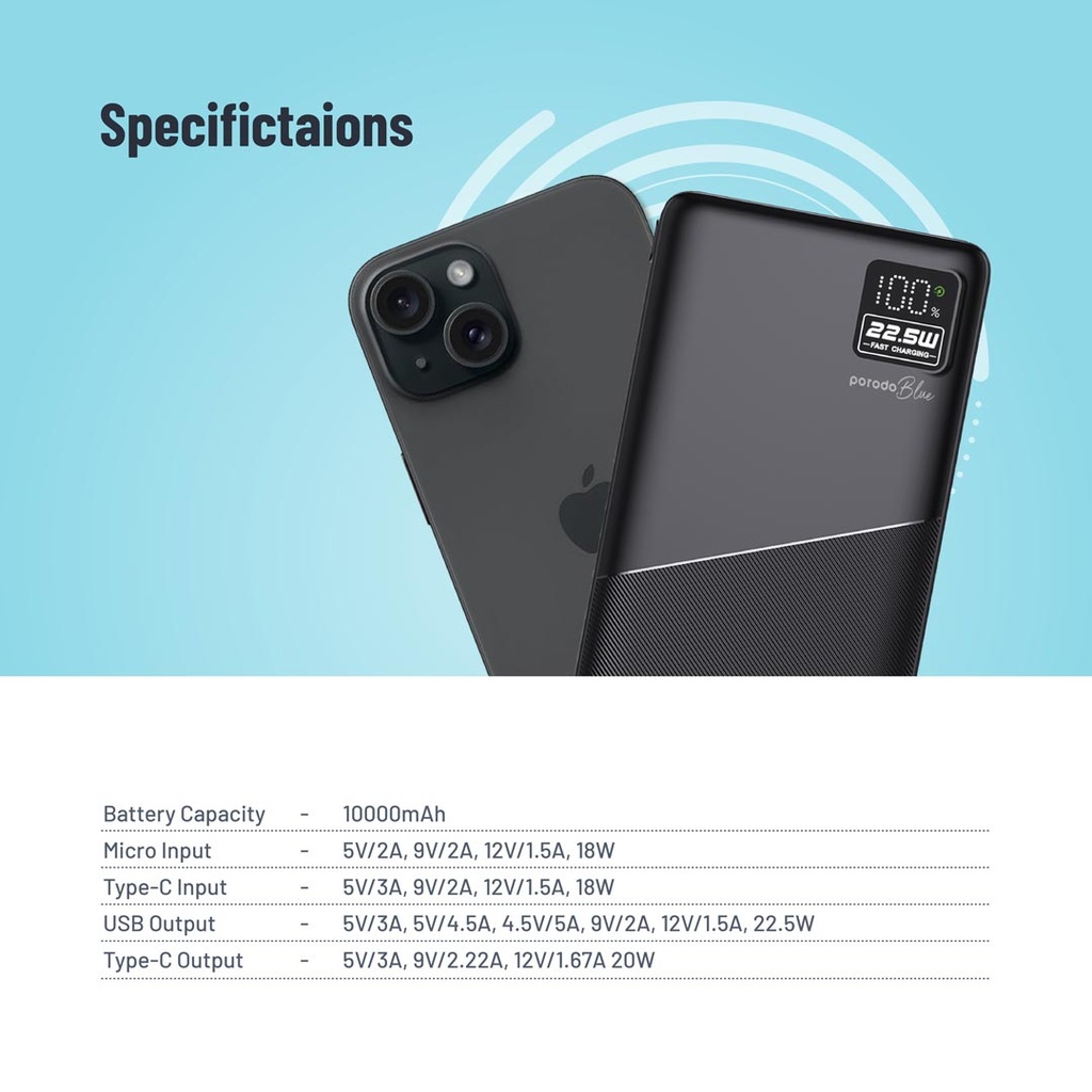 پورت های ورودی و خروجی پاوربانک Porodo Blue