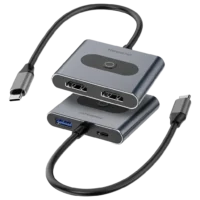 هاب 4 به 1 USB-C پاورولوژی با بدنه آلومینیومی خاکستری و کابل متصل
