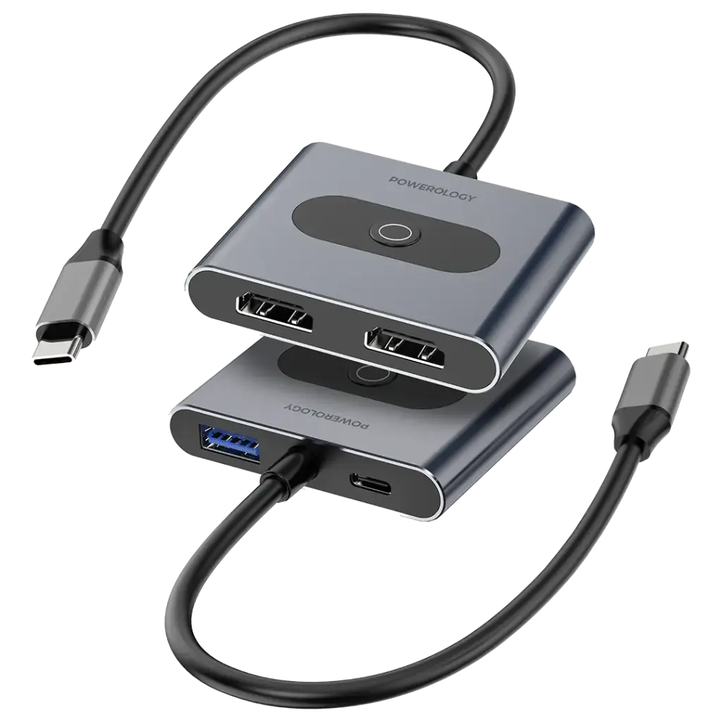 هاب 4 به 1 USB-C پاورولوژی با بدنه آلومینیومی خاکستری و کابل متصل