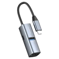 هاب مینی USB-C آلومینیومی پاورولوژی با بدنه مشکی متالیک و کابل متصل