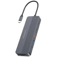 هاب 12 به 1 USB-C پاورولوژی با بدنه آلومینیومی خاکستری و ۱۲ پورت خروجی