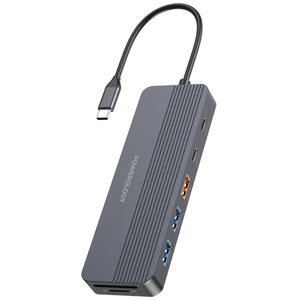 هاب 12 به 1 USB-C پاورولوژی با بدنه آلومینیومی خاکستری و ۱۲ پورت خروجی