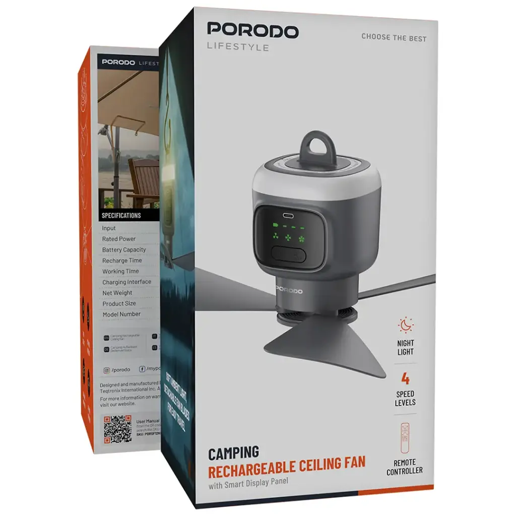 پنکه سقف آویز شارژی کمپینگ پرودو مدل Porodo Lifestyle Camping Rechargeable Ceiling Fan