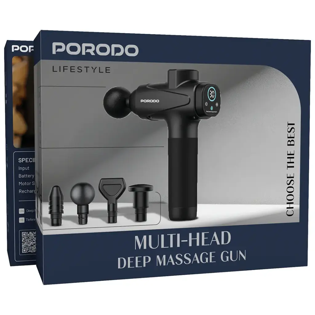 ماساژور تفنگی و عضلانی پرودو مدل Porodo Lifestyle Multi-Head Deep Massage Gun