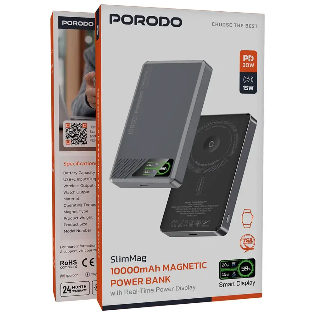 پاوربانک مغناطیسی ۱۰,۰۰۰ میلیآمپر پرودو مدل Porodo SlimMag Magnetic Power Bank